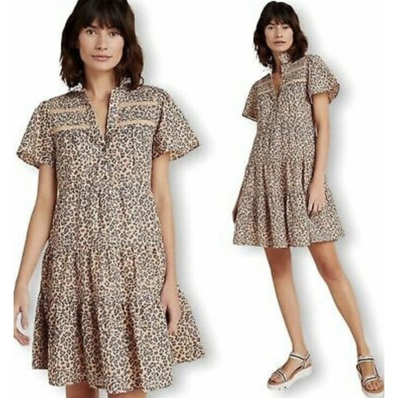 Anthropologie Dresses & Skirts - Anthropologie Georgina Brown Leopard Print Tiered Shirt Dress Lined Size Large